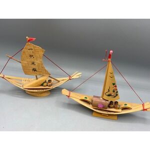 Vtg‎ 2 Japanese Handcrafted Bamboo Wood Miniature Sailboats Kokeshi